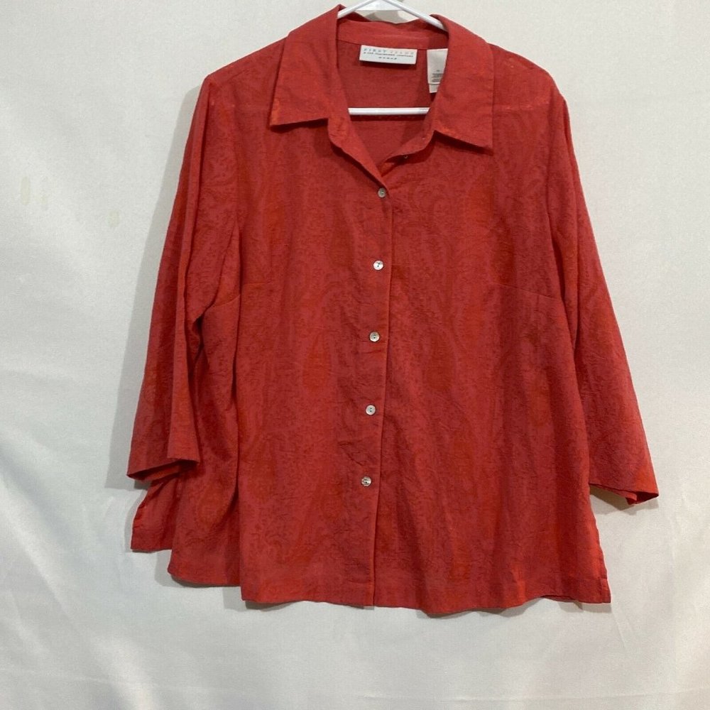 First Issue Liz Calibrone Compony Womens Red Paisley Collared Blouse Top Size 1X